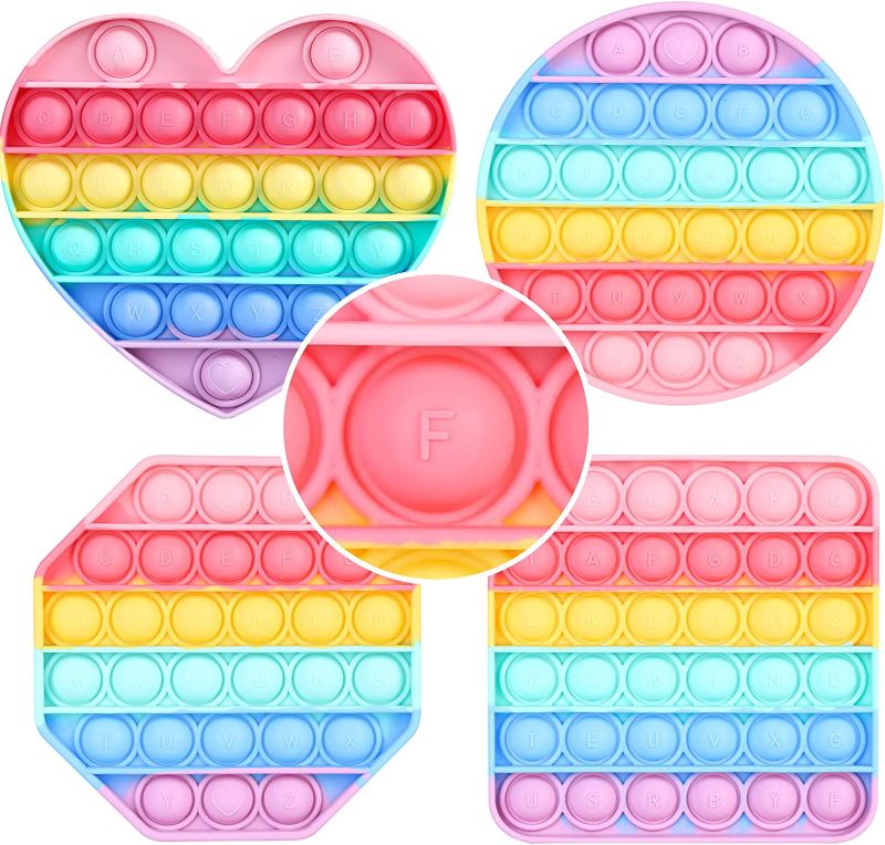 Photo 1 of ASONA Kids Uppercase ABC Letters Alphabet Pop Bubble Fidget Sensory Toys for Home School Classroom Travel, A-Z Letters Learning Toy Sets for Kids Age 3-6 (Pastel Heart Circle Square Octagon 4-Pack)