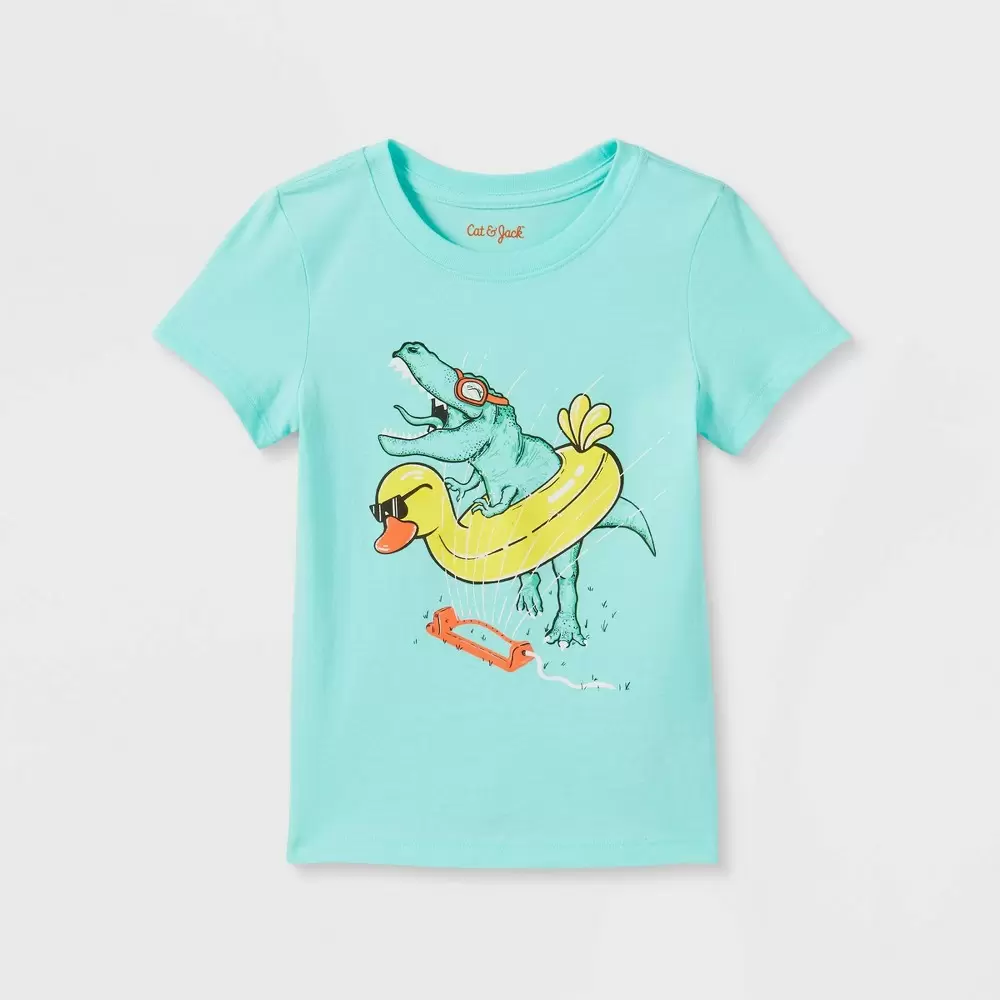 Photo 1 of 2 pack Toddler Boys' Dino and Duck Floatie Graphic Short Sleeve T-Shirt - Cat & Jack Aqua 
18m
