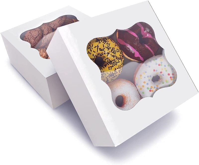 Photo 1 of 20 Pack Auto Pop Up White Bakery Boxes of 10"x10"x2.5" with Transparent Window, Strawberries, Cookie, Treat, Dessert, Donut, Cake, Cupcake, Cheesecakes, Doughnut, Pastries
