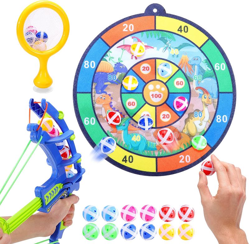 Photo 1 of Dart Board Game for Kids Party and Fun with 1 Bow and 12 Felt Sticky Balls, Bow and Ball Arrow Toy for Kids 3 4 5 6 7 8 Years Old Boys and Girls Indoor Outdoor Sport
