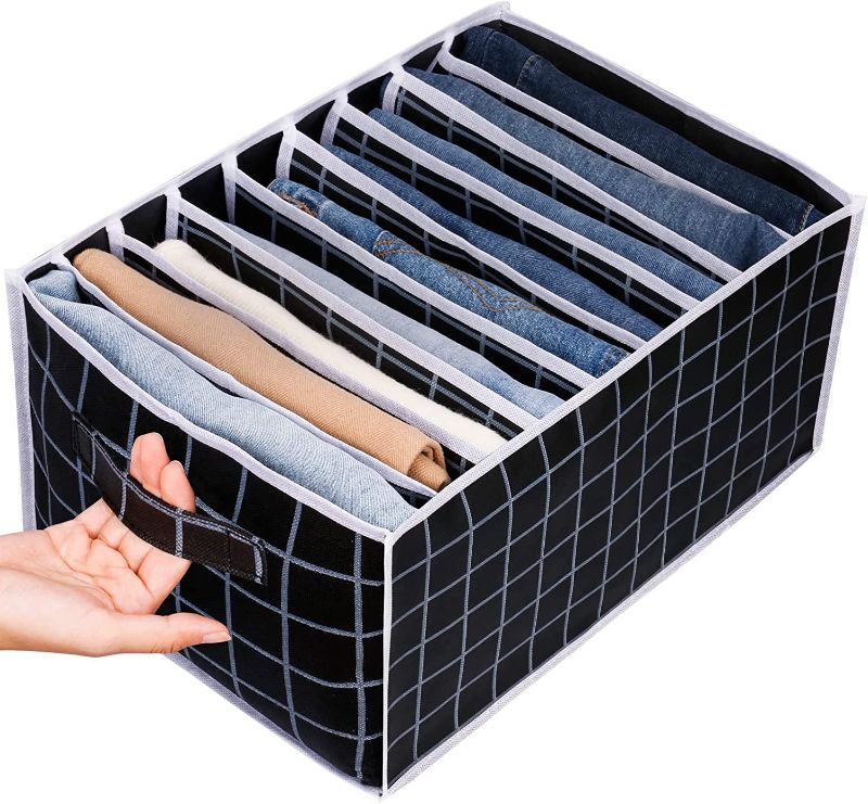 Photo 1 of [Upgraded] TOOVREN Wardrobe Clothes Organizer for Jeans 9 Grids Larger Clothing Storage Organizer Washable Closet Drawer Organizer for Folded Clothes, Thin Coats, Jeans, Leggings, Sweaters, T-shirt (Black 1PCS) 17.3 X 11.81 X 8.66 inches 
