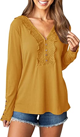 Photo 1 of Ermonn Womens Lace Henley Shirts Long Sleeve V Neck Button Casual Solid Color Tunic Tops, Size X-Large

