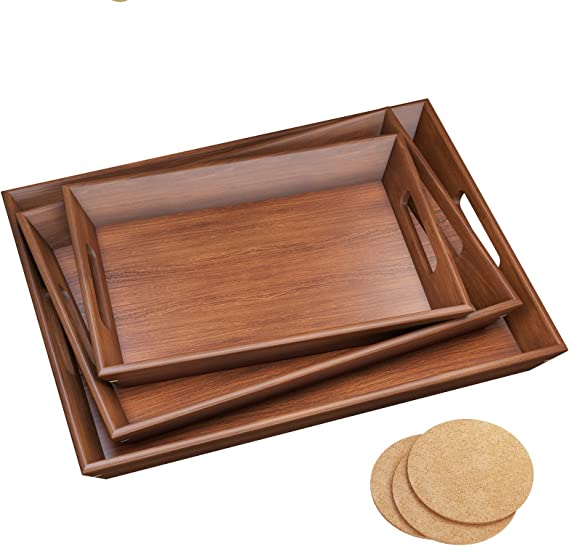 Photo 1 of BAMEOS Serving Tray with Handles Set of 3 Wood Nesting Bed Tray with 3 Coasters Food Couch Tray Works for Eating,Working,Storing,Décor, Used in Bedroom, Kitchen, Living Room, Bathroom
