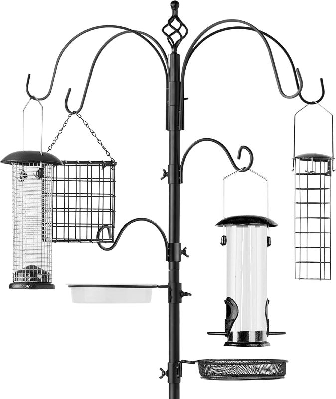 Photo 1 of Best Choice Products 6-Hook Bird Feeding Station, Steel Multi-Feeder Kit Stand for Attracting Wild Birds w/ 4 Bird Feeders, Mesh Tray, Bird Bath, 5-Prong Base - Black
