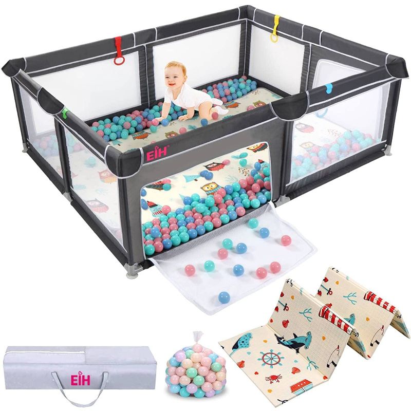 Photo 1 of EIH Large Baby Playpen with Mat & 50PCS Balls, Play Yard for Babies and Toddlers Indoor and Outdoor Kids Activity Center 79 Inch x 59 Inch, Dark Grey
