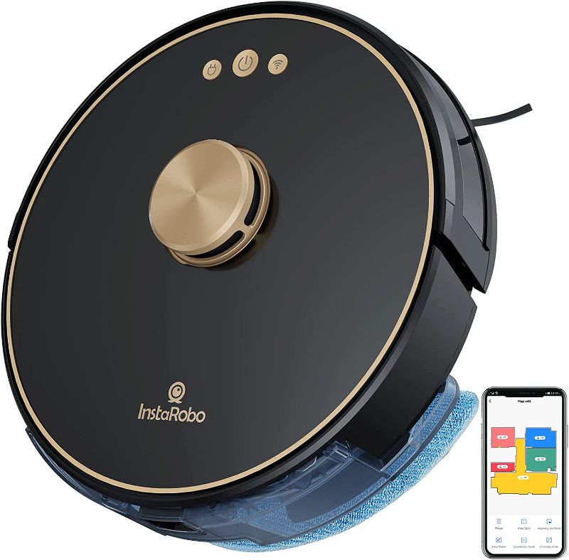 Photo 1 of InstaRobo L1 Robot Vacuum Cleaner Lidar Navigation,Smart Mapping 250 Mins Run Time ,with 5000pa Suction,No-Go Zones Robotic Vacuum for Hard Floor, Carpet and Larger Home, Black
