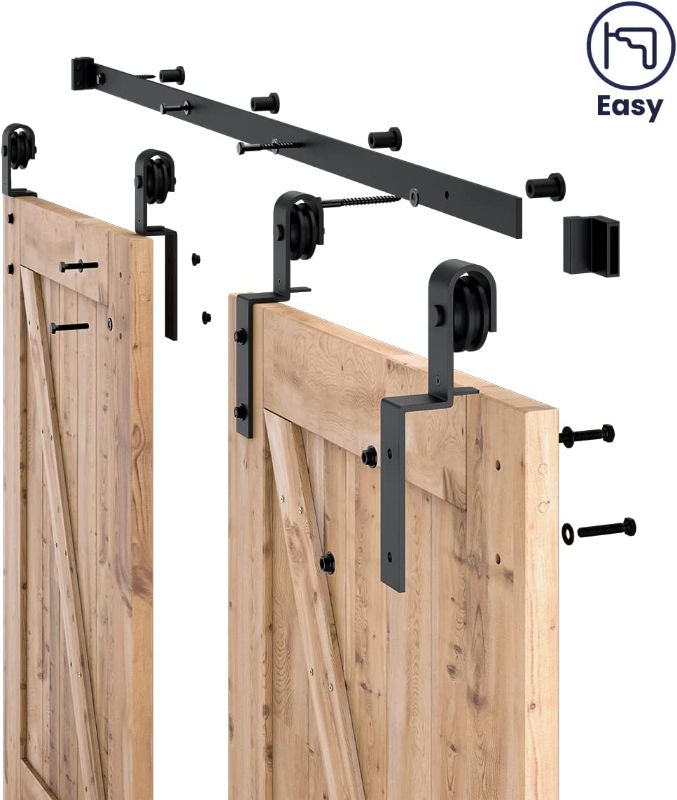 Photo 1 of SMARTSTANDARD 5 Feet Bypass Sliding Barn Door Hardware Kit - for Double Wooden Doors - Smoothly & Quietly - Easy to Install - Fit 30" Wide Door Panel (J Shape Hanger)
