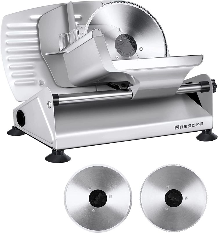 Photo 1 of Meat Slicer, Anescra 200W Electric Deli Food Slicer with Two Removable 7.5’’ Stainless Steel Blades and Food Carriage, 0-15mm Adjustable Thickness Meat Slicer for Home, Food Slicer Machine- Silver
