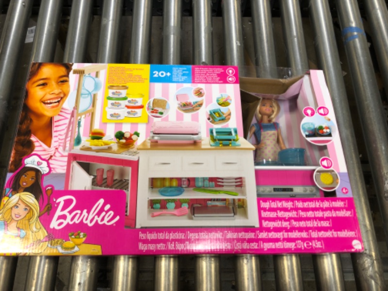 Photo 2 of Barbie Kitchen Playset with Doll, Lights & Sounds, Food Molds, 5 Dough Colors and 20+ Accessories