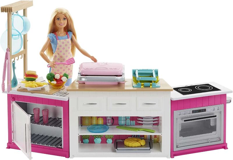 Photo 1 of Barbie Kitchen Playset with Doll, Lights & Sounds, Food Molds, 5 Dough Colors and 20+ Accessories