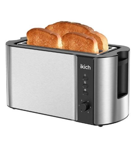 Photo 1 of IKICH Toaster 2 Long Slot, Toaster 4 Slice Stainless Steel, Warming Rack, 6 Browning Settings, Defrost/Reheat/Cancel, Removable Crumb Tray, 1300W ------ FACTORY SEALED