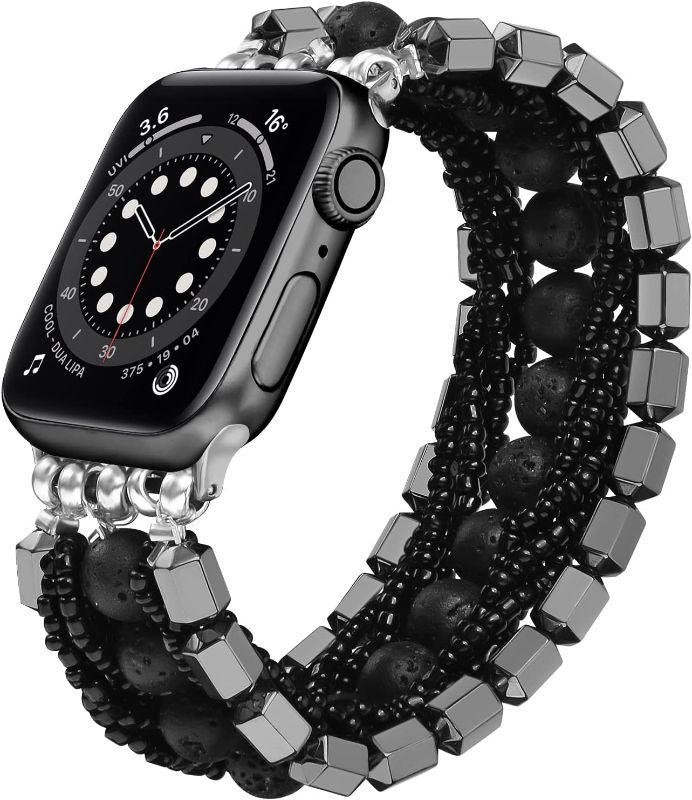 Photo 1 of KOREDA Beaded Bracelet Compatible with Apple Watch Band 41mm 40mm 38mm SE iWatch Series 8/7/6/5/4/3/2/1 for Women Girl, Fashion Pearl Handmade Elastic Stretch Strap Replacement for iWatch Bands (Black)
