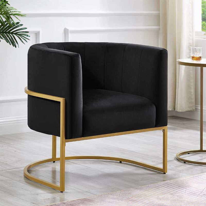 Photo 1 of 24KF Upholstered Living Room Chairs Modern Black Textured Velvet Accent Chair with Golden Metal Stand-Black -------- ITEM IS NOT BLACK IT IS NAVY
