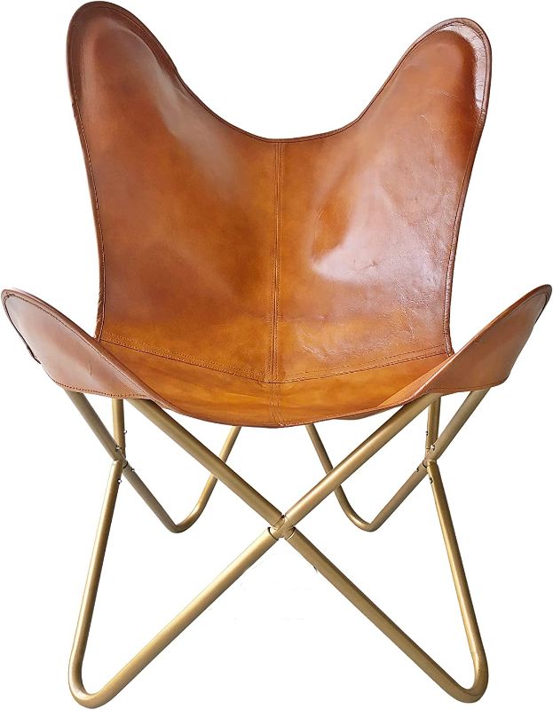 Photo 1 of Leather Jackson Leather Living Room Chairs-Butterfly Chair Brown Leather Butterfly Chair-Handmade with Powder Coated Folding Iron Frame (Cover with Folding Frame) (Golden Frame)
