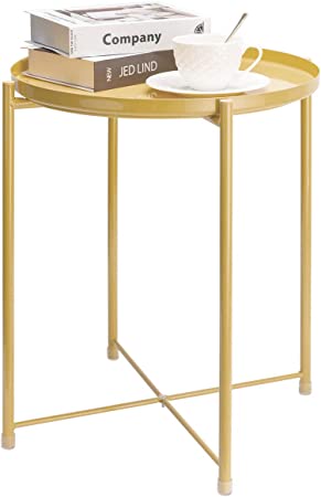 Photo 1 of danpinera Side Table Round Metal, Outdoor Side Table Small End Table Indoor Accent Table Round Metal Table Waterproof Removable Tray Table for Living Room Bedroom (Pale Yellow)
