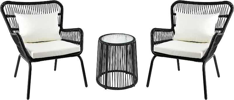 Photo 1 of Amazon Basics Outdoor All-Weather Woven Faux Rattan High Back Chair Set with Cushions and Side Table, Black - ***ONLY A 2 PIECE- MISSING 1 CHAIR/INCLUDED THE CUSHIONS FOR THE MISSING CHAIR-NO HARDWARE***