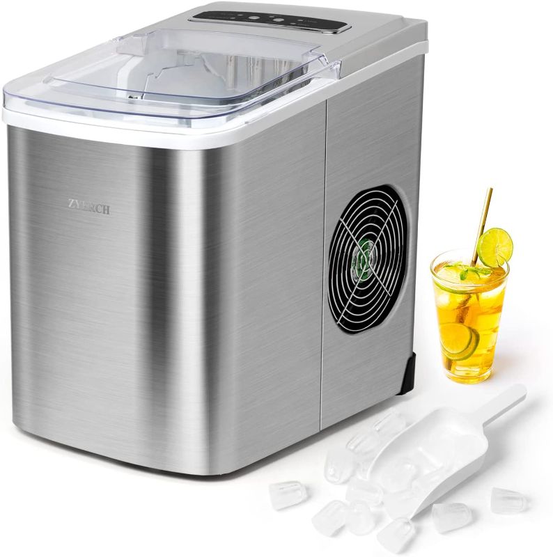 Photo 1 of Zyerch Ice Maker Machine Countertop, 26lb Ice Per Day, Large or Small Ice Option, Easy to Clean, Enjoy Endless Supply of Ice in Party, Office, Patio, Home----has a dent on the side view pictures 
