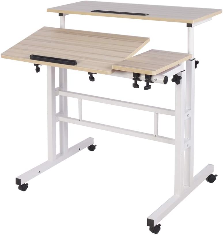 Photo 1 of Adjustable Rolling Desk Standing Desk, DlandHome Sit-Stand Desk Cart Mobile Computer Desk Stand Up Desk Office Desk Riser Standing Table Workstation Mobile Desk, Maple------missing some items/hardware
