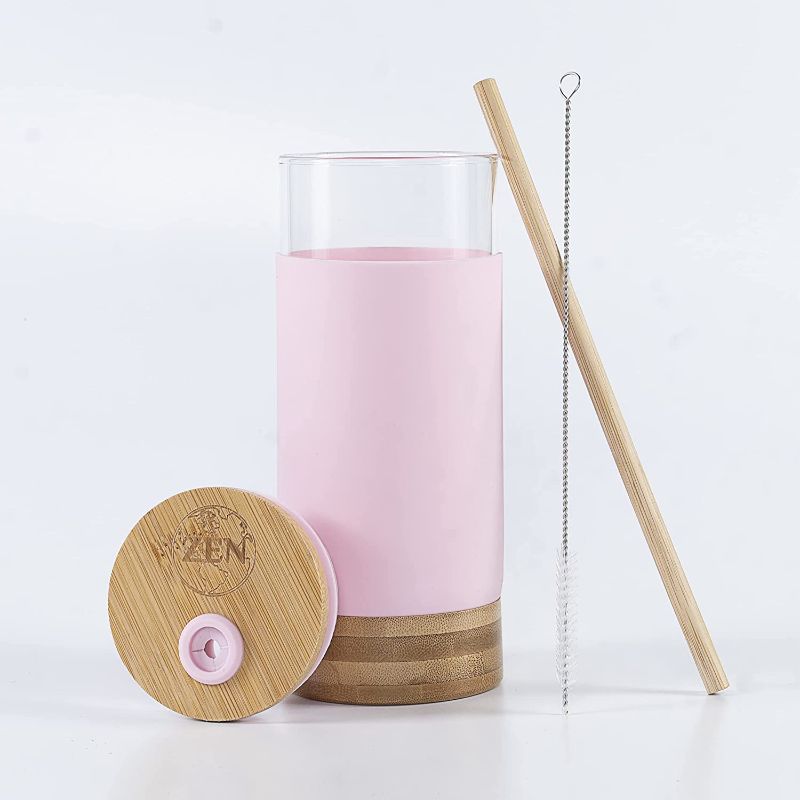 Photo 1 of Zen Gaia 20oz. Glass Tumbler With Silicone Protective Sleeve and Bamboo Base, Bamboo Lid & Straw. (20oz., Amber)

