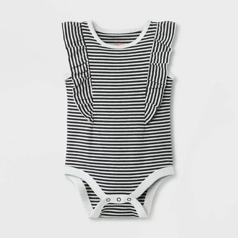 Photo 1 of Baby Girls' Ruffle Striped Short Sleeve Bodysuit - Cat & Jack Cream/Black 6-9M