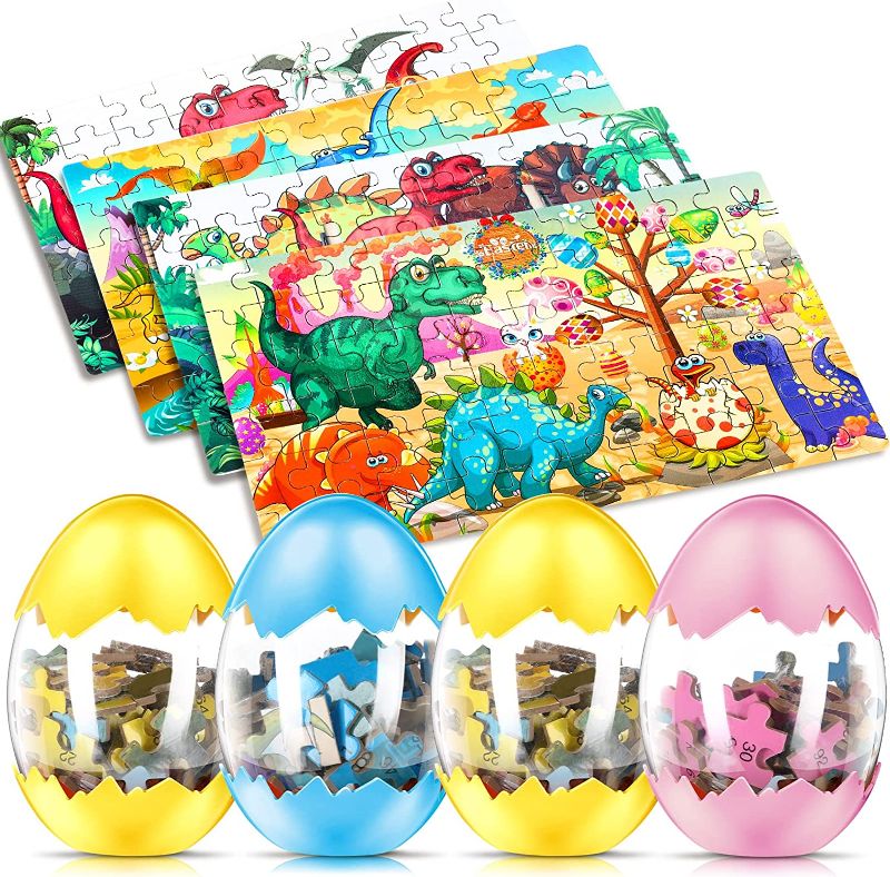 Photo 1 of 4 Pack Wooden Dinosaur Puzzles with Easter Egg, Fillable Jigsaw Dinosaur Puzzle Mini Puzzles Each with 100 Pieces Jigsaw Puzzles Preschool Puzzles Dino Eggs for Kids Toddlers Teen Educational Toys
