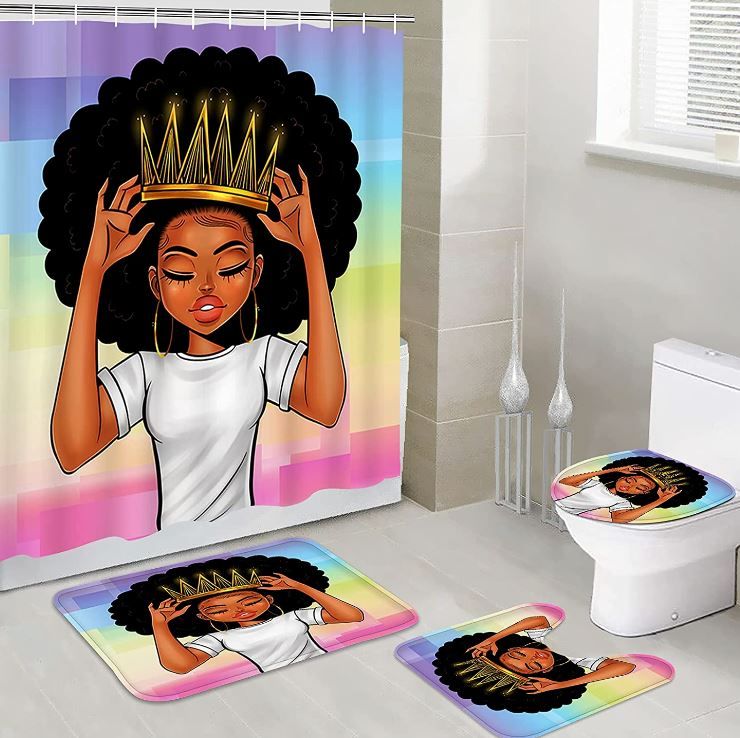 Photo 1 of 4 Piece Black Girl Magic Shower Curtain Sets with Rugs,African American Women Gi