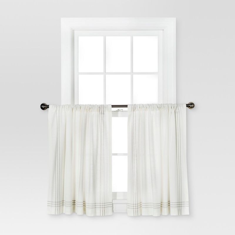 Photo 1 of 2pk 42"x36" Light Filtering Stripe Border Curtain Tiers Cream/Gray - Threshold™