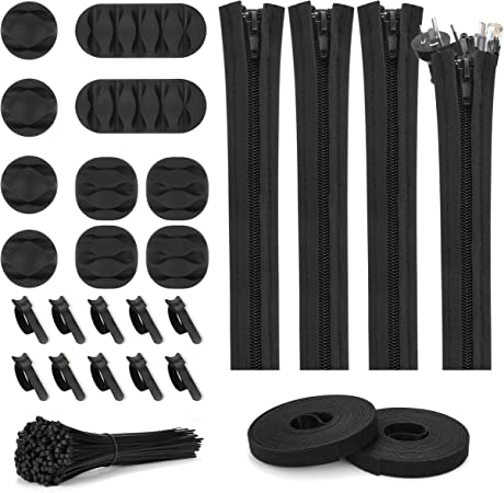 Photo 1 of 126pcs Cord Management Organizer Kit 4 Cable Sleeve with Zipper,10 Self Adhesive Cable Clip Holder,10pcs and 2 Roll Self Adhesive tie and 100 Fastening Cable Ties for TV Office Home etc (Black)