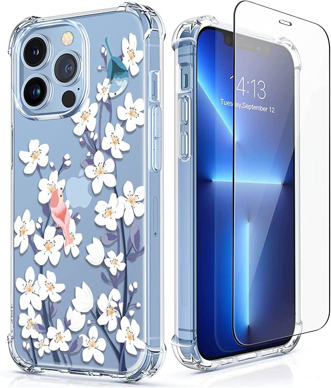 Photo 1 of [5-in-1] RoseParrot iPhone 13 Pro Case with Screen Protector + Ring Holder + Waterproof Pouch, Clear with Floral Pattern Design, Soft&Flexible Shockproof Protective Cover(Lovebird)

