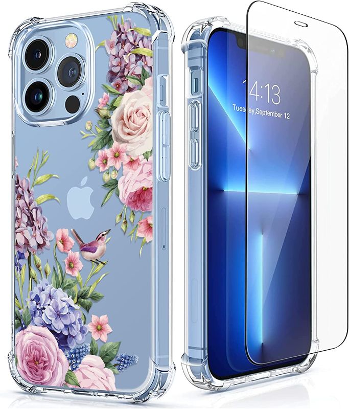 Photo 1 of [5-in-1] RoseParrot iPhone 13 Pro Case with Screen Protector + Ring Holder + Waterproof Pouch, Clear with Floral Pattern Design, Soft&Flexible Shockproof Protective Cover (Magpie)
