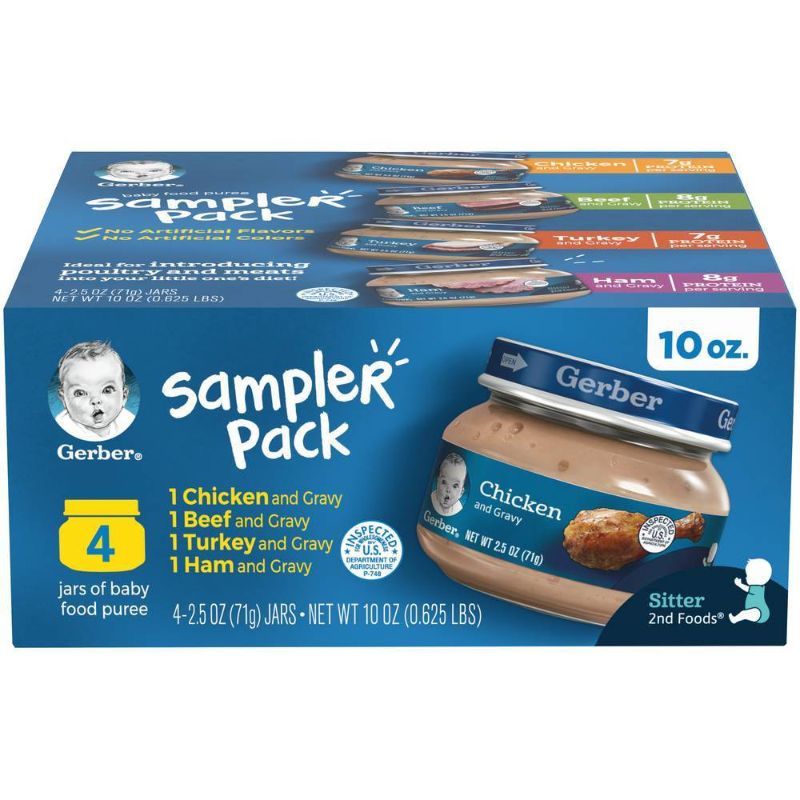 Photo 1 of Gerber Sampler Pack Chicken & Gravy Beef & Gravy Turkey & Gravy Ham & Gravy Baby Food Puree Jars Variety Pack - 4ct/10oz 2PACKS EXP 30 JUN 23
