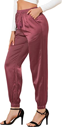 Photo 1 of Allegra K Women's Drawstring Elastic Waist Athleisure Pants Ankle Length Satin Joggers with Pocket
XL