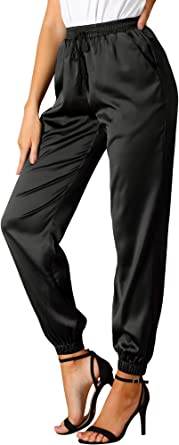 Photo 1 of Allegra K Women's Drawstring Elastic Waist Athleisure Pants Ankle Length Satin Joggers with Pocket
XL