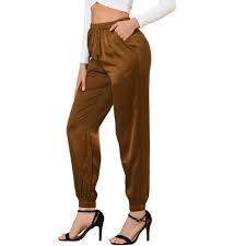 Photo 1 of Allegra K Women's Drawstring Elastic Waist Athleisure Pants Ankle Length Satin Joggers with Pocket LARGE
