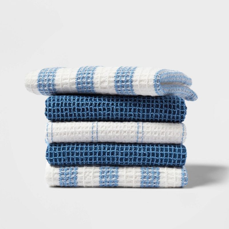 Photo 1 of 5pk Cotton Striped Waffle Dishcloths Blue - Threshold
