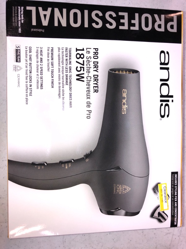 Photo 3 of Andis Pro Dry Soft Grip Tourmaline Ionic Ceramic 1875W Hair Dryer - Black