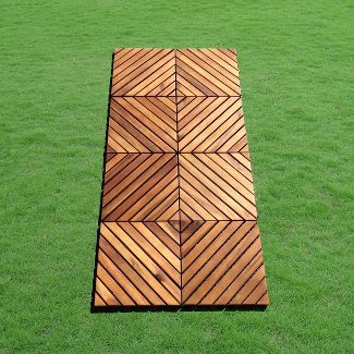 Photo 2 of 10pk Diagonal Slat Teak Finish Acacia Interlocking Deck Tile - Light Gold - Vifah