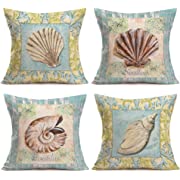 Photo 1 of Asamour 4 Pack Ocean Theme Throw Pillow Case Coastal Conch Shell Cotton Linen Cushion Cover Outdoor Decorative Pillow Sham Home Couch Pillowcase 18’’x18’’
