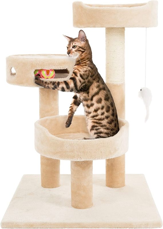 Photo 1 of 3-Tier Cat Tower Collection - 2 Carpeted Napping Perches, Sisal Rope Scratching Post, Hanging Mouse, and Interactive Cheese Wheel Toy by PETMAKER (Gray)
