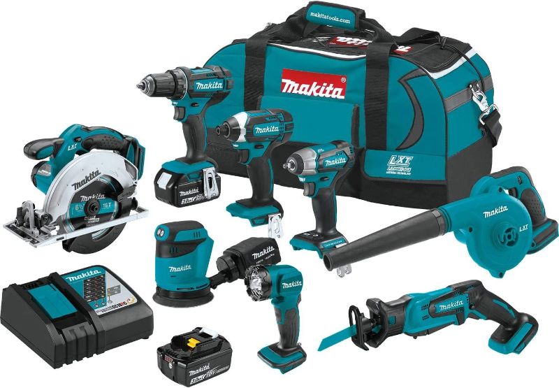 Photo 1 of Makita XT801X1 18V LXT Lithium-Ion Cordless 8-Pc. Combo Kit (3.0Ah)-------98percent of the items are brand new there are some scratches on the skill saw other then that everything is new ----seems like a person used the saw once then returned the item  
