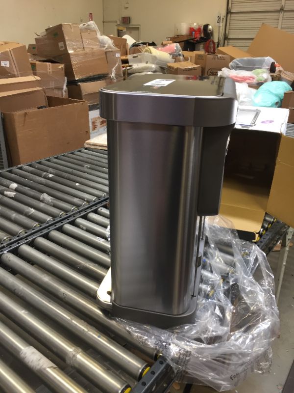 Photo 6 of 58-Liter Nano-Silver Clear Coat Brushed Stainless Steel Dual Compartment Rectangular Recycling Step-On Trash Can---there is a dent at the front of the trash can ---view pictures 