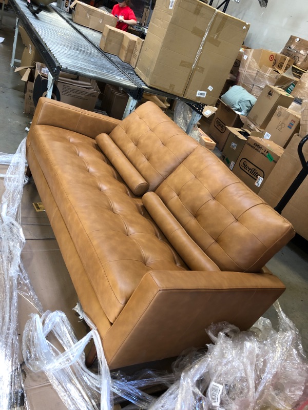Photo 1 of Amazon Brand – Rivet Cove Mid-Century Modern Tufted Leather Apartment Sofa, 72"W, Caramel
