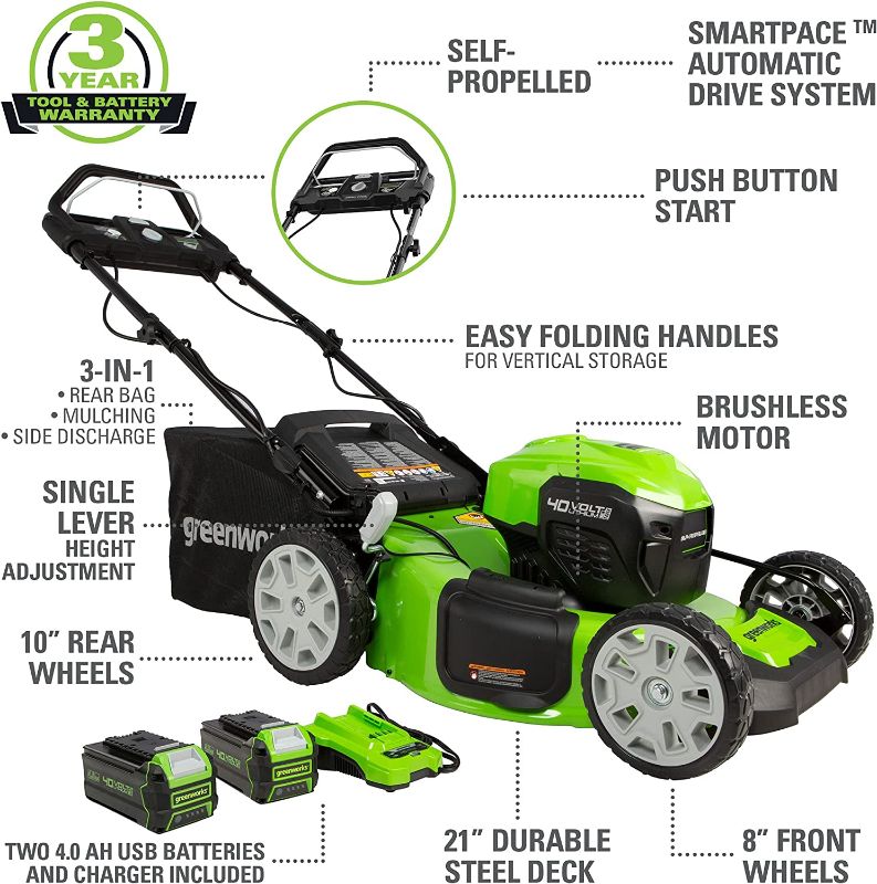 Photo 1 of Greenworks 40V 21" Brushless (Smart Pace) Self-Propelled Lawn Mower, 2 x 4Ah USB (Power Bank) Batteries and Charger Included MO40L4413 & 40V 4.0Ah Lithium-Ion Battery (Genuine Greenworks Battery)
