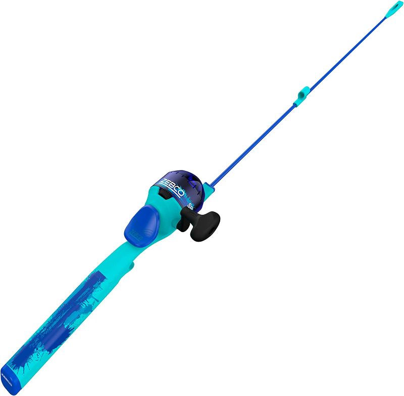 Photo 1 of Zebco Splash Kids Spincast Reel and Fishing Rod Combo, 29" Durable Floating Fiberglass Rod with Tangle-Free Design, Oversized Reel Handle Knob, Pre-Spooled with 6-Pound Zebco Fishing Line
