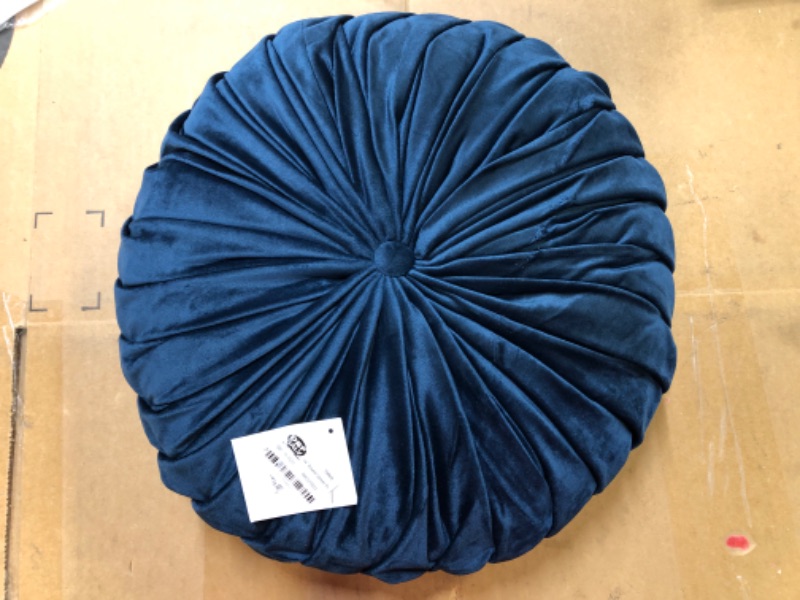 Photo 2 of 14" Round Velvet Pintucked Poly Filled Throw Pillow Navy - Saro Lifestyle