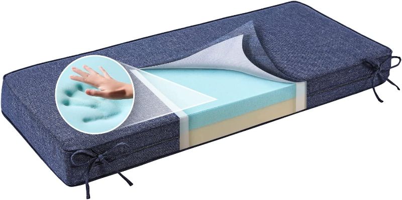 Photo 1 of 2---Sunrox Gel Memory Foam Bench Cushion with Ties, Ultra Durable Water Resistant FadeShield Outdoor/Indoor Universal Bench Seat Pads 48 x 16 x 4 inch, Heather Indigo---
