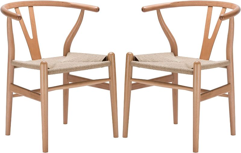 Photo 1 of Poly and Bark Weave Modern Wooden Mid-Century Dining Chair, Hemp Seat, Natural (Set of 2)
