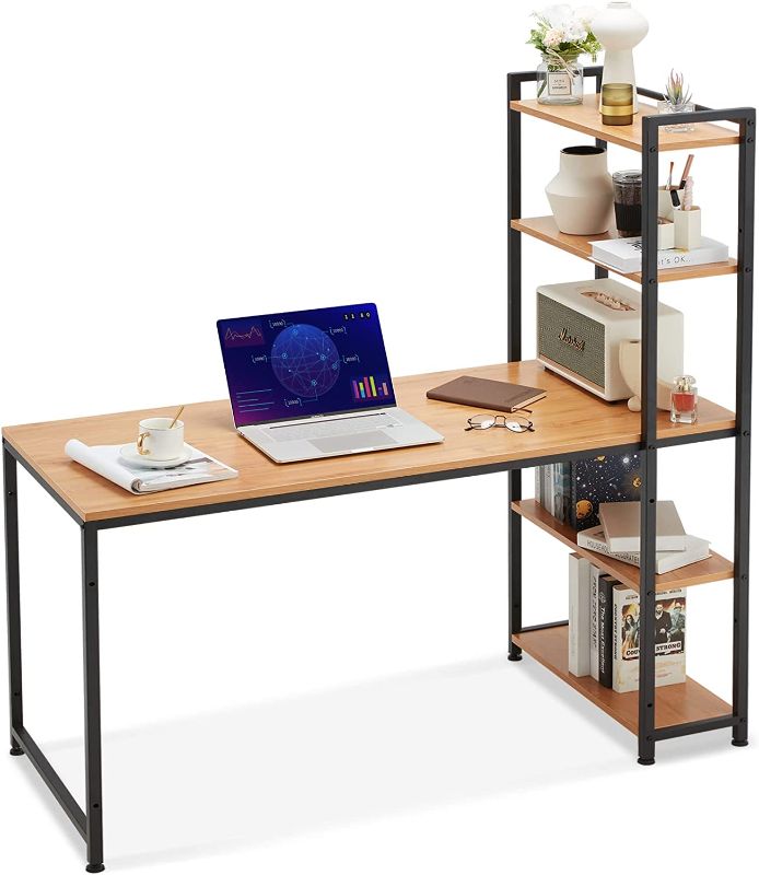Photo 1 of ACIPENSER Computer Desk with Storage Shelves 55 Inch Home Office Desk with 5-Tier Reversible Bookshelf Writing Study Tower Desk Industrial Modern Style & Easy Assembly, Black
