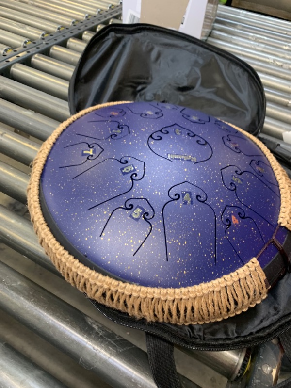 Photo 5 of 14 Inch 15 Note Steel Tongue Drum Percussion Instrument Lotus Hand Pan Drum with Ultra Wide Range and Drum Mallets Carry Bag, Box Packaging Damaged, Moderate Use, Scratches and Scuffs on item, Missing Parts, Missing Drum Mallets