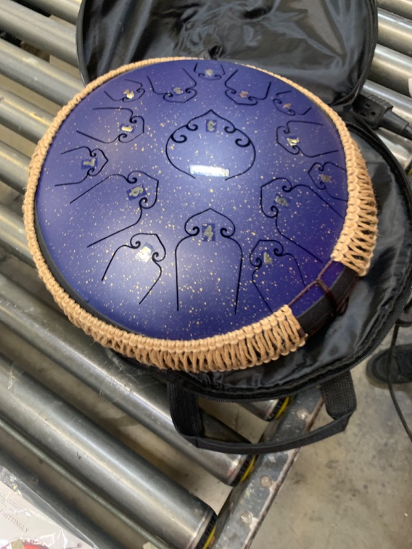 Photo 4 of 14 Inch 15 Note Steel Tongue Drum Percussion Instrument Lotus Hand Pan Drum with Ultra Wide Range and Drum Mallets Carry Bag, Box Packaging Damaged, Moderate Use, Scratches and Scuffs on item, Missing Parts, Missing Drum Mallets